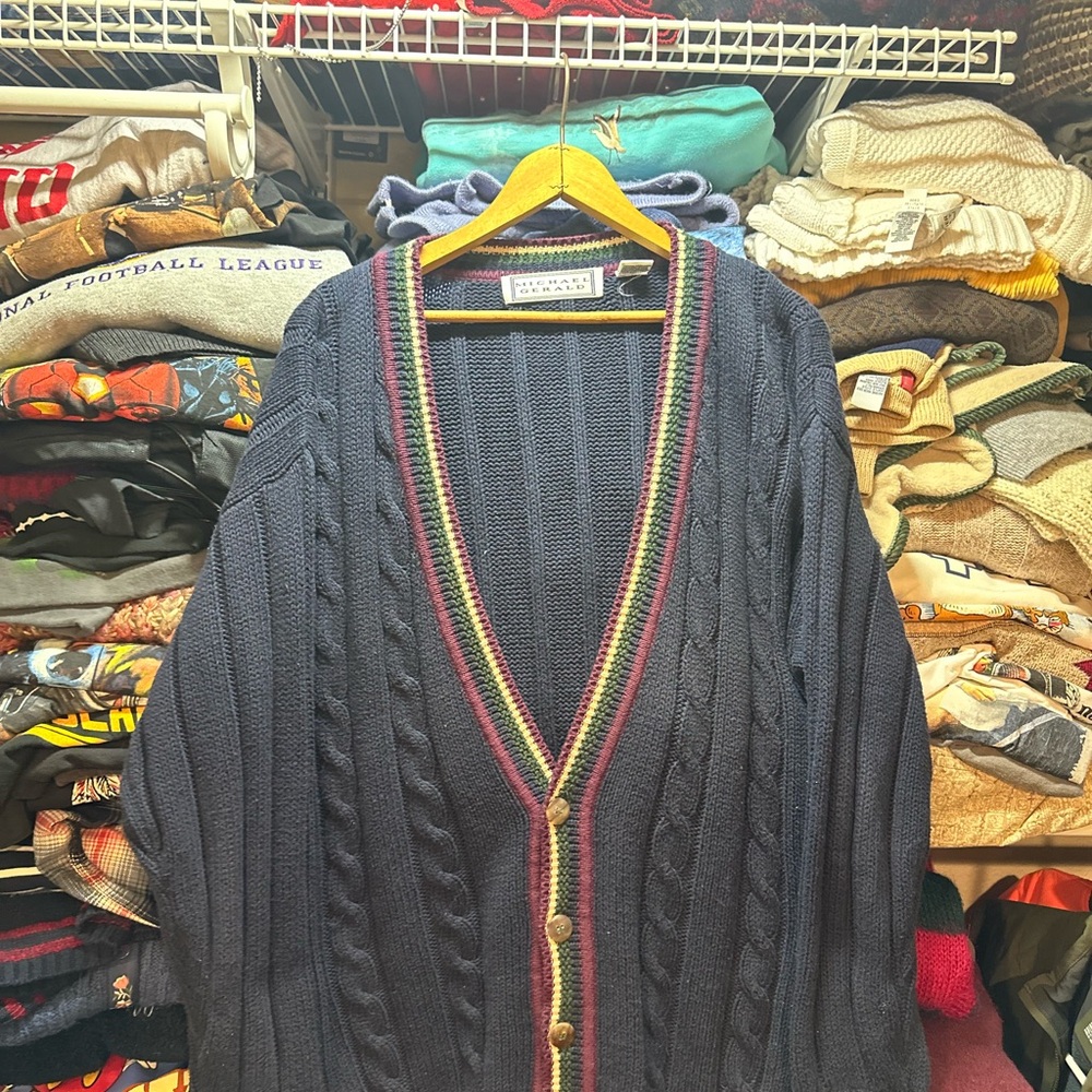 Vintage Michael Gerald Mens Cable Knit Cardigan Sweater Size Medium Country Club